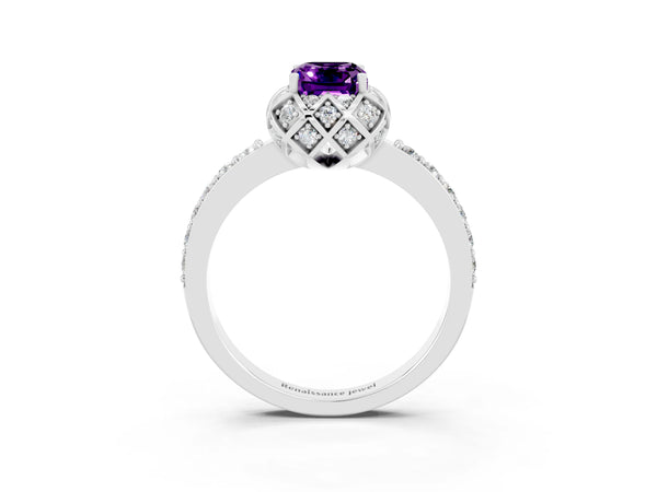 Platinum Emerald Cut Amethyst Scalloped Halo Engagement Ring with Round Shared Prong Band