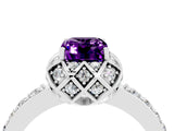 White gold Emerald Cut Amethyst Scalloped Halo Engagement Ring with Round Shared Prong Band_28