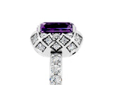 White gold Emerald Cut Amethyst Scalloped Halo Engagement Ring with Round Shared Prong Band_29