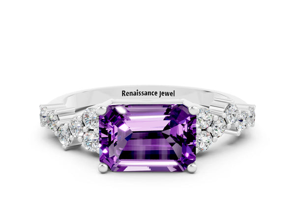 Platinum Emerald Cut Amethyst Scattered Round Accent Ring with Prong Setting