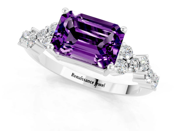 Platinum Emerald Cut Amethyst Scattered Round Accent Ring with Prong Setting