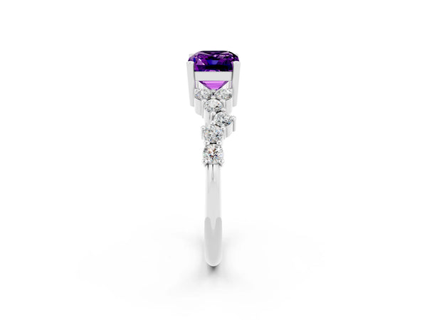 Platinum Emerald Cut Amethyst Scattered Round Accent Ring with Prong Setting