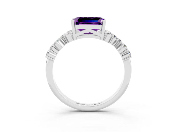 Platinum Emerald Cut Amethyst Scattered Round Accent Ring with Prong Setting