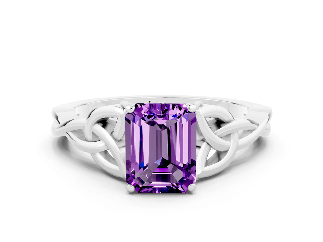 White gold Emerald Cut Amethyst Solitaire Celtic Knot Ring with Four-Prong Setting_12