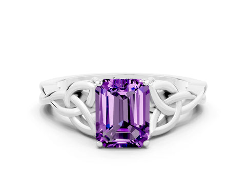White gold Emerald Cut Amethyst Solitaire Celtic Knot Ring with Four-Prong Setting_12