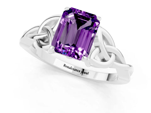 White gold Emerald Cut Amethyst Solitaire Celtic Knot Ring with Four-Prong Setting_13