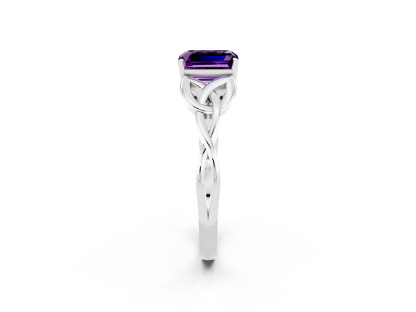 Platinum Emerald Cut Amethyst Solitaire Celtic Knot Ring with Four-Prong Setting