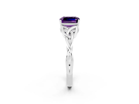 White gold Emerald Cut Amethyst Solitaire Celtic Knot Ring with Four-Prong Setting_14