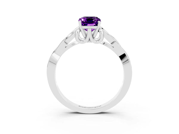 White gold Emerald Cut Amethyst Solitaire Celtic Knot Ring with Four-Prong Setting