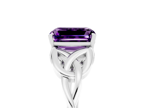 White gold Emerald Cut Amethyst Solitaire Celtic Knot Ring with Four-Prong Setting_17