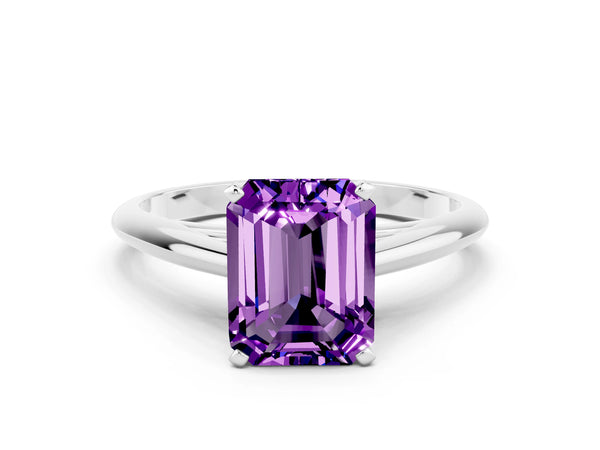 White gold Emerald Cut Amethyst Solitaire Engagement Ring with Cathedral Setting and Four-Prong Mount