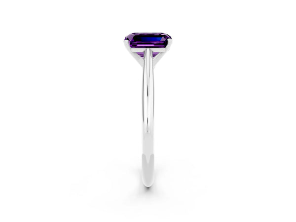 White gold Emerald Cut Amethyst Solitaire Engagement Ring with Cathedral Setting and Four-Prong Mount