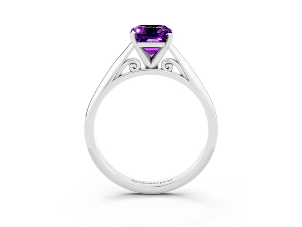 White gold Emerald Cut Amethyst Solitaire Engagement Ring with Cathedral Setting and Four-Prong Mount