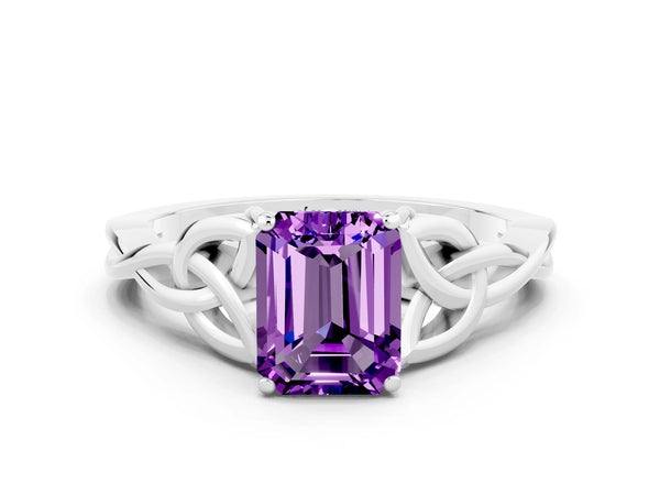 Platinum Emerald Cut Amethyst Solitaire Engagement Ring with Celtic Knot Band and Four-Prong Setting