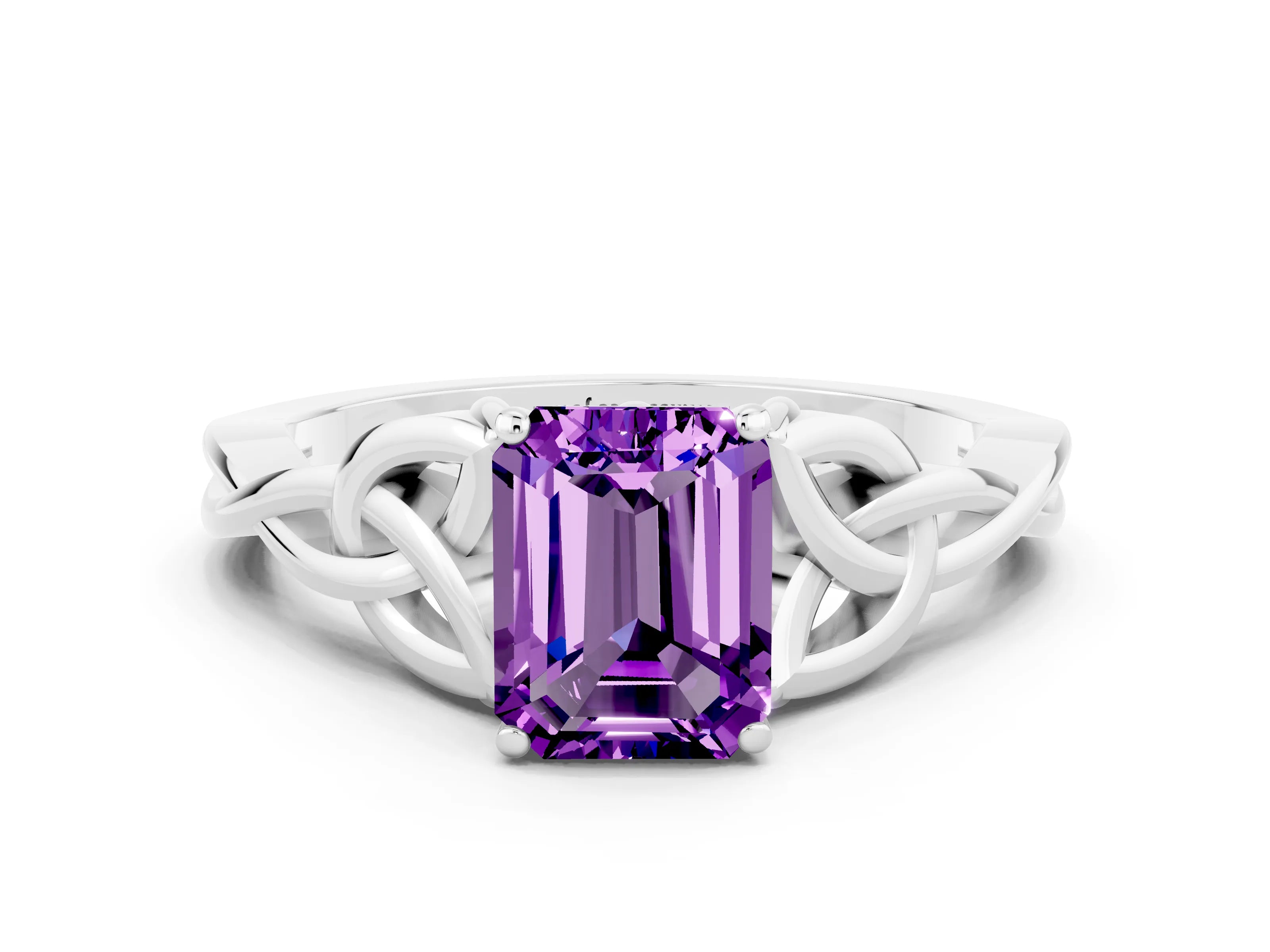 White gold Emerald Cut Amethyst Solitaire Engagement Ring with Celtic Knot Band and Four-Prong Setting