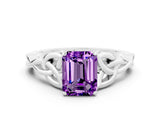 White gold Emerald Cut Amethyst Solitaire Engagement Ring with Celtic Knot Band and Four-Prong Setting