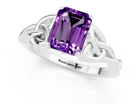 White gold Emerald Cut Amethyst Solitaire Engagement Ring with Celtic Knot Band and Four-Prong Setting_1