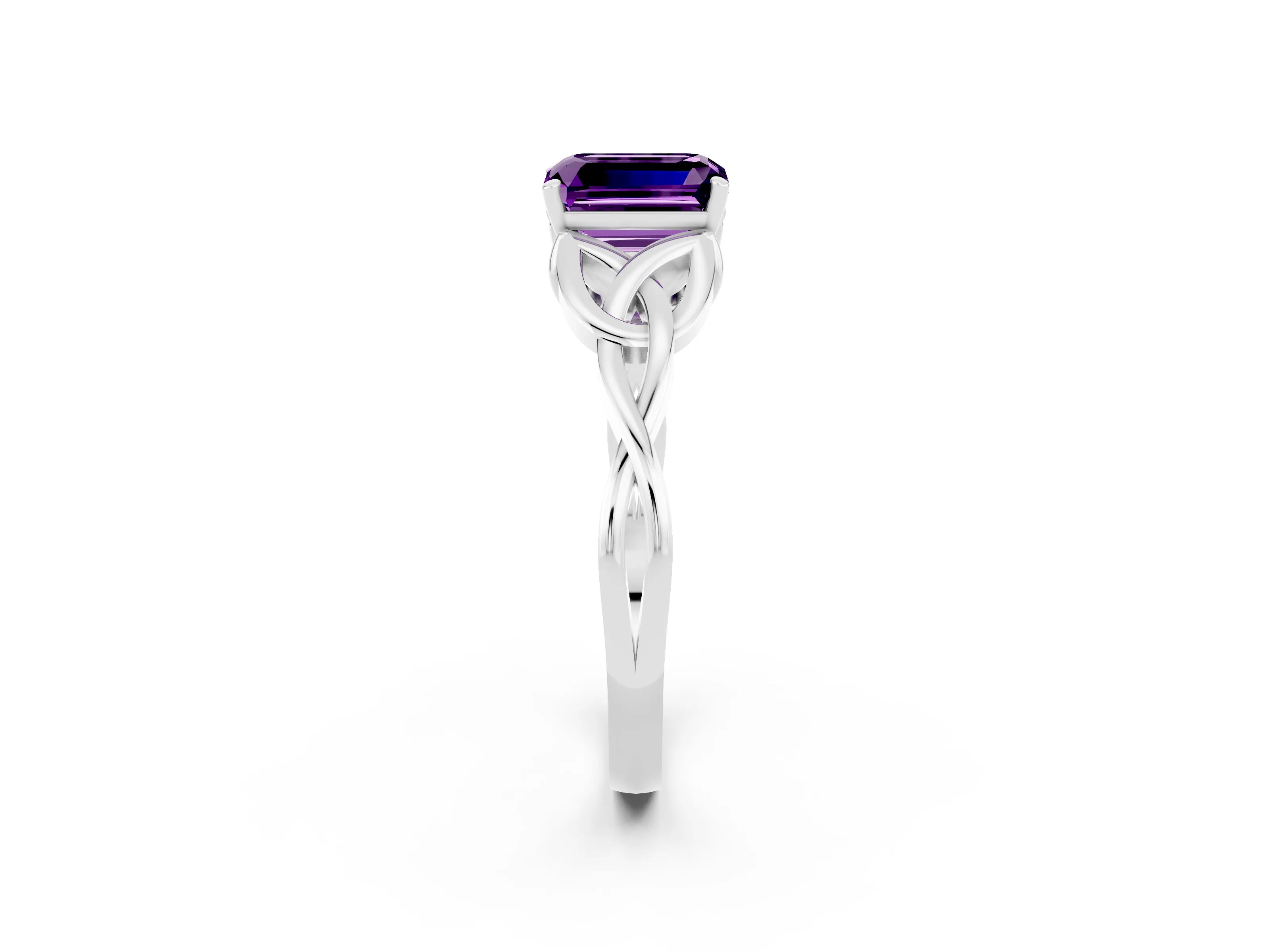 White gold Emerald Cut Amethyst Solitaire Engagement Ring with Celtic Knot Band and Four-Prong Setting_2