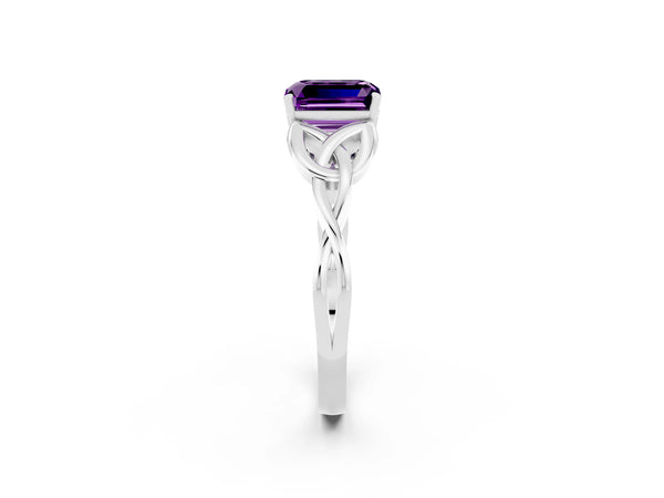 Silver Emerald Cut Amethyst Solitaire Engagement Ring with Celtic Knot Band and Four-Prong Setting