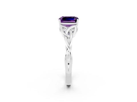 White gold Emerald Cut Amethyst Solitaire Engagement Ring with Celtic Knot Band and Four-Prong Setting_2