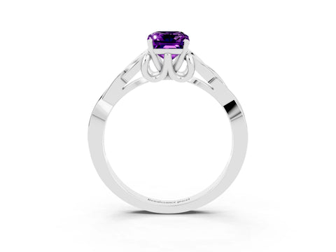 White gold Emerald Cut Amethyst Solitaire Engagement Ring with Celtic Knot Band and Four-Prong Setting_3