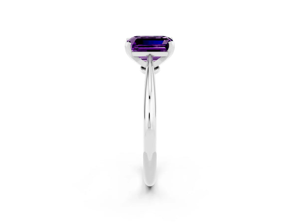 White gold Emerald Cut Amethyst Solitaire Engagement Ring with Classic Band and Four-Prong Setting