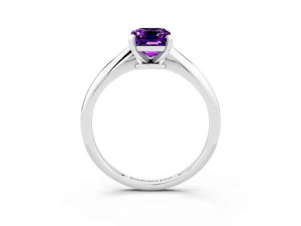 White gold Emerald Cut Amethyst Solitaire Engagement Ring with Classic Band and Four-Prong Setting