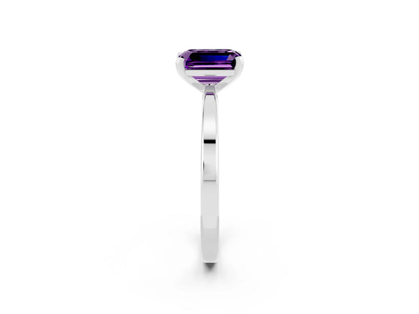 White gold Emerald Cut Amethyst Solitaire Engagement Ring with Classic Band and Four-Prong Setting