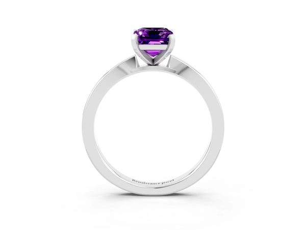 White gold Emerald Cut Amethyst Solitaire Engagement Ring with Classic Band and Four-Prong Setting