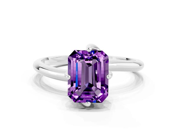 Platinum Emerald Cut Amethyst Solitaire Engagement Ring with Four-Prong Setting and Classic Band