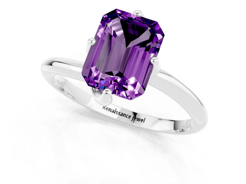 White gold Emerald Cut Amethyst Solitaire Engagement Ring with Four-Prong Setting and Classic Band_13