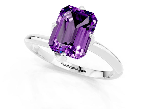 Silver Emerald Cut Amethyst Solitaire Engagement Ring with Four-Prong Setting and Classic Band
