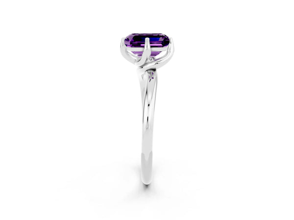 Platinum Emerald Cut Amethyst Solitaire Engagement Ring with Four-Prong Setting and Classic Band