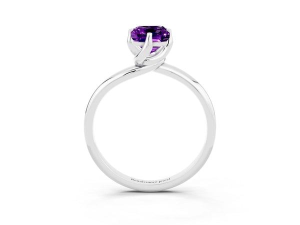Platinum Emerald Cut Amethyst Solitaire Engagement Ring with Four-Prong Setting and Classic Band