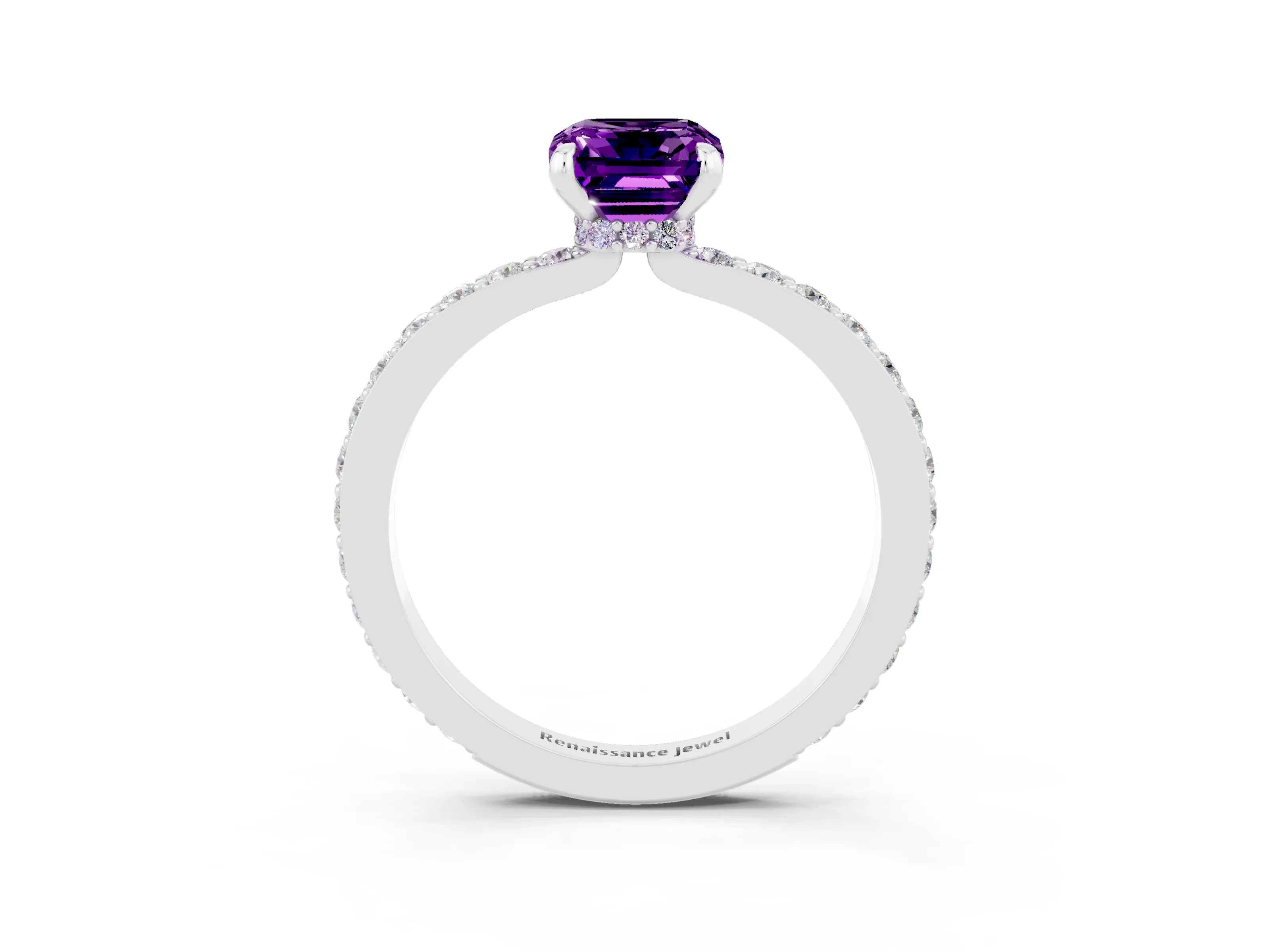 White gold Emerald Cut Amethyst Solitaire Engagement Ring with Pavé Band and Four-Prong Setting_3