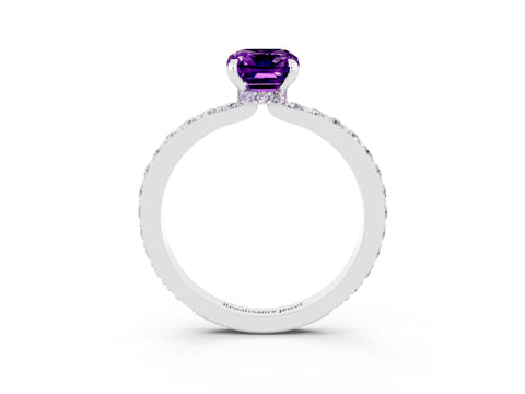White gold Emerald Cut Amethyst Solitaire Engagement Ring with Pavé Band and Four-Prong Setting_3