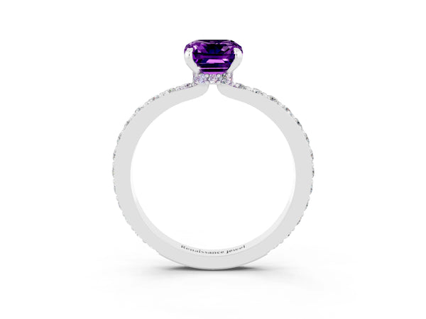 White gold Emerald Cut Amethyst Solitaire Engagement Ring with Pavé Band and Four-Prong Setting