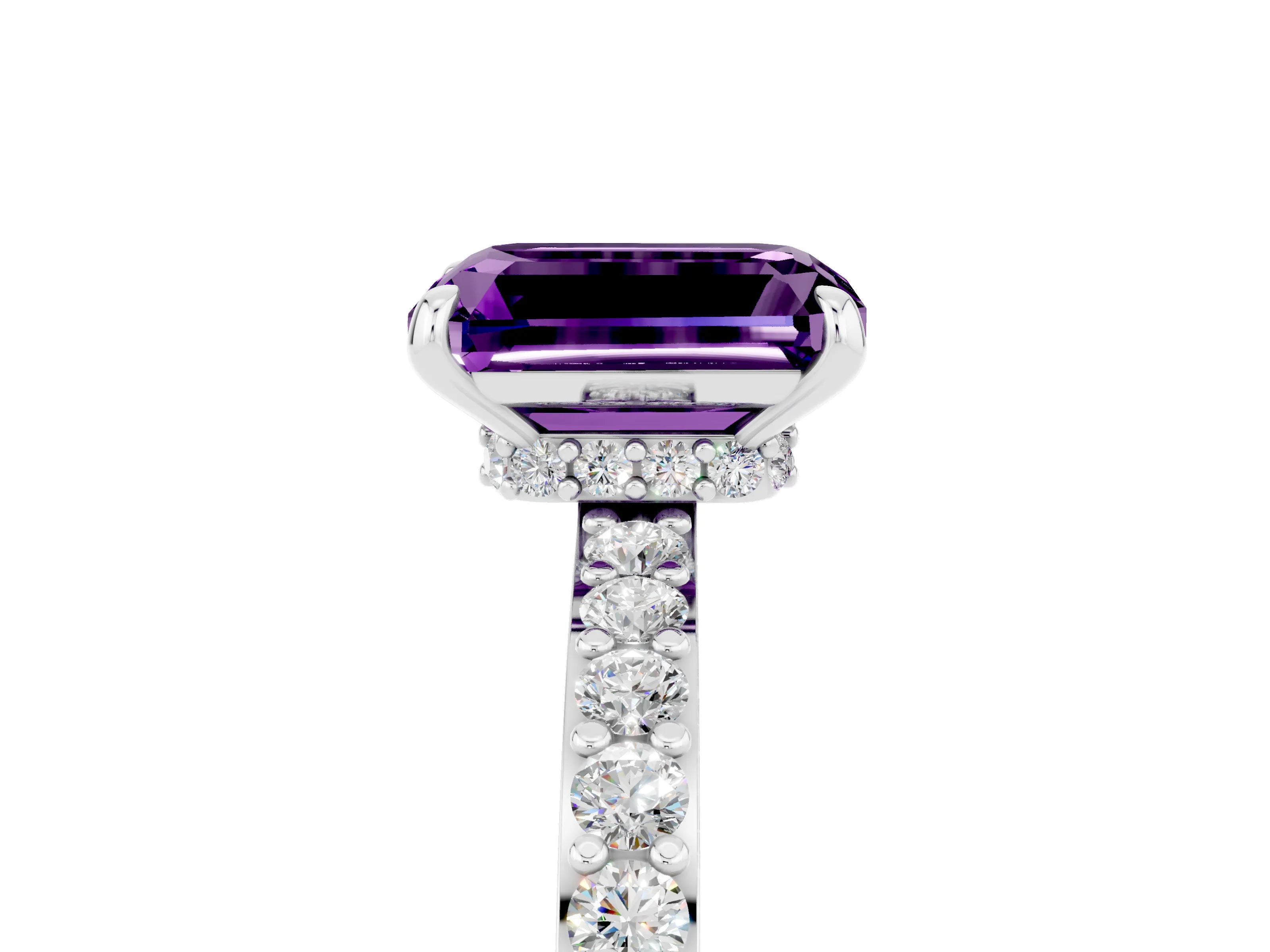 White gold Emerald Cut Amethyst Solitaire Engagement Ring with Pavé Band and Four-Prong Setting_5