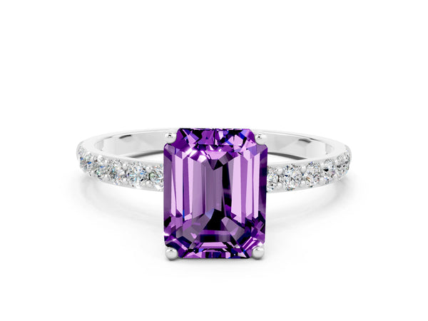 Platinum Emerald Cut Amethyst Solitaire Engagement Ring with Round  Pavé Band and Prong Setting