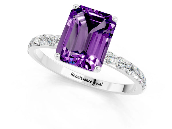 Platinum Emerald Cut Amethyst Solitaire Engagement Ring with Round  Pavé Band and Prong Setting