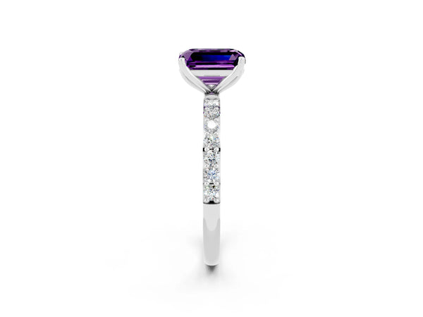 Platinum Emerald Cut Amethyst Solitaire Engagement Ring with Round  Pavé Band and Prong Setting