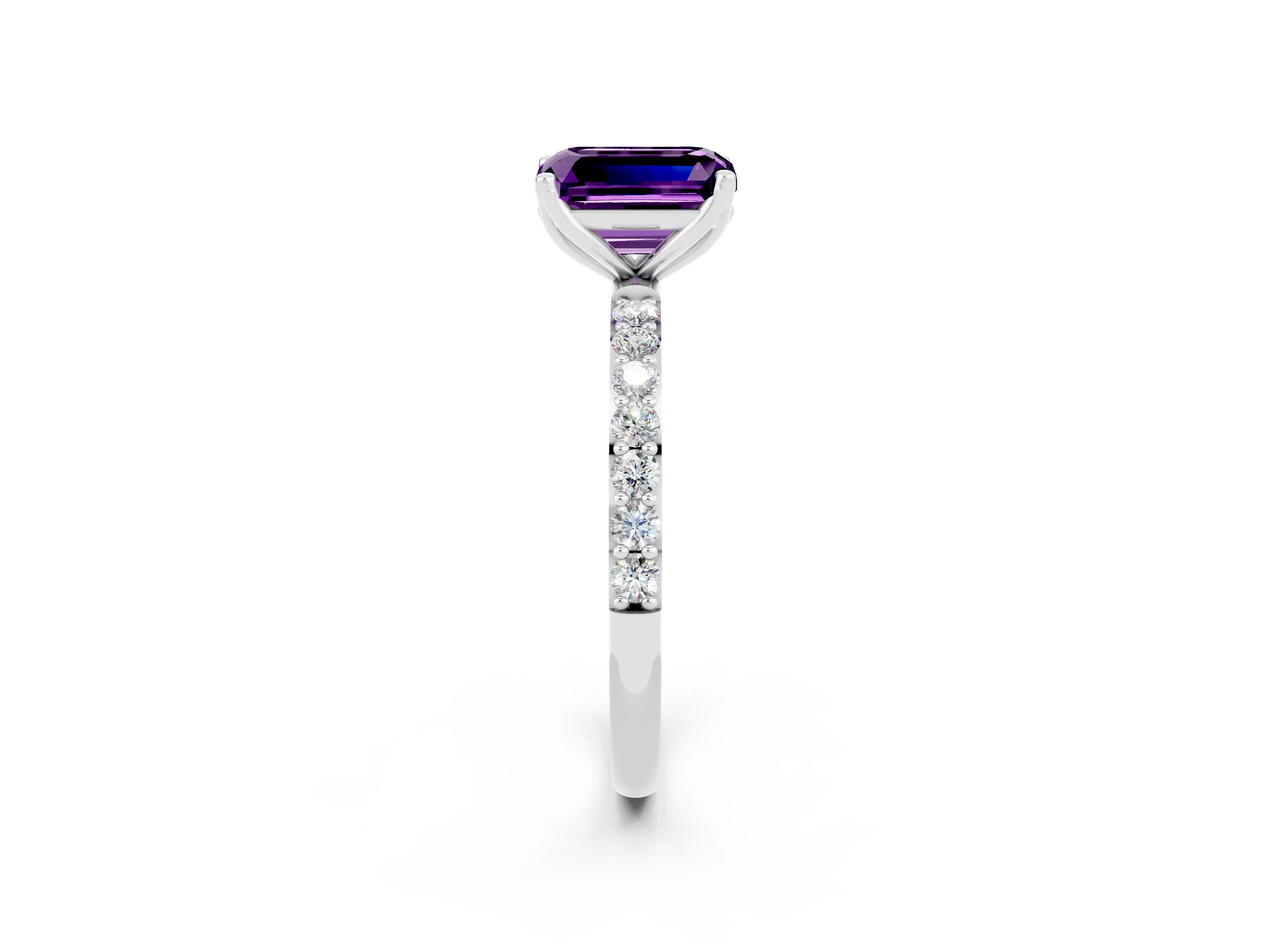 White gold Emerald Cut Amethyst Solitaire Engagement Ring with Pavé Band and Prong Setting_2