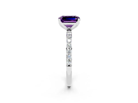 White gold Emerald Cut Amethyst Solitaire Engagement Ring with Pavé Band and Prong Setting_2