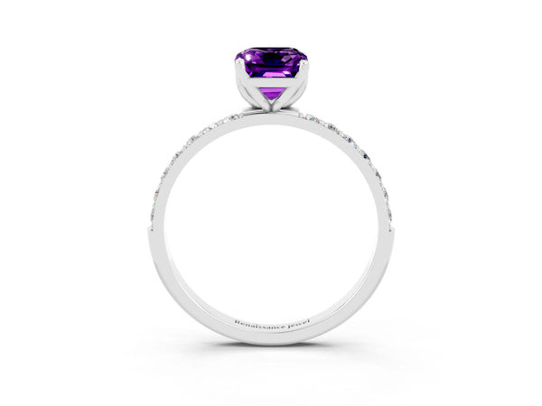 Platinum Emerald Cut Amethyst Solitaire Engagement Ring with Round  Pavé Band and Prong Setting