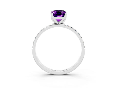 White gold Emerald Cut Amethyst Solitaire Engagement Ring with Pavé Band and Prong Setting_3