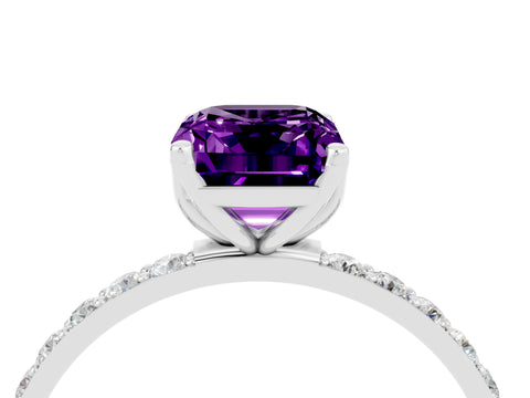 White gold Emerald Cut Amethyst Solitaire Engagement Ring with Pavé Band and Prong Setting_4