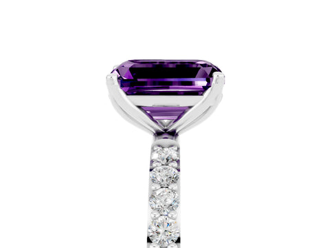 White gold Emerald Cut Amethyst Solitaire Engagement Ring with Pavé Band and Prong Setting_5