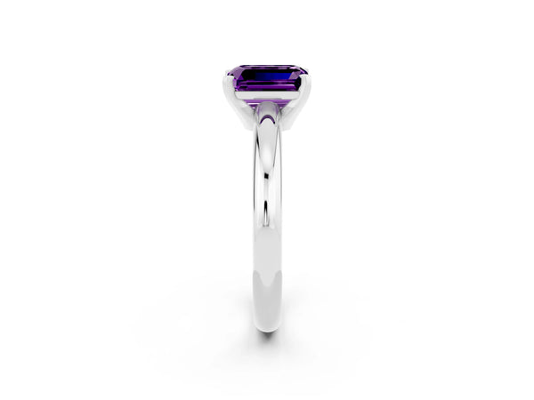 Platinum Emerald Cut Amethyst Solitaire Engagement Ring with Round Band and Four-Prong Setting