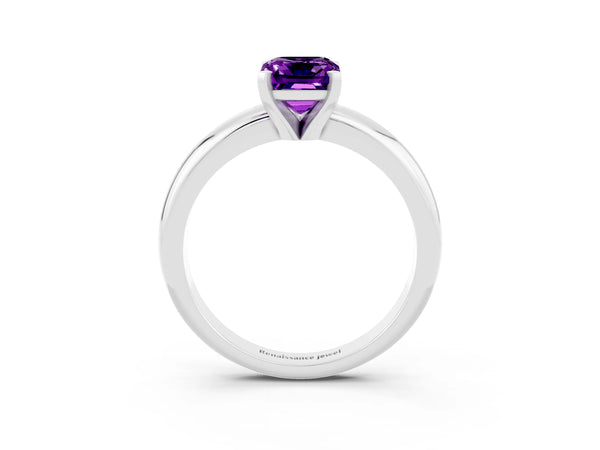 Silver Emerald Cut Amethyst Solitaire Engagement Ring with Round Band and Four-Prong Setting