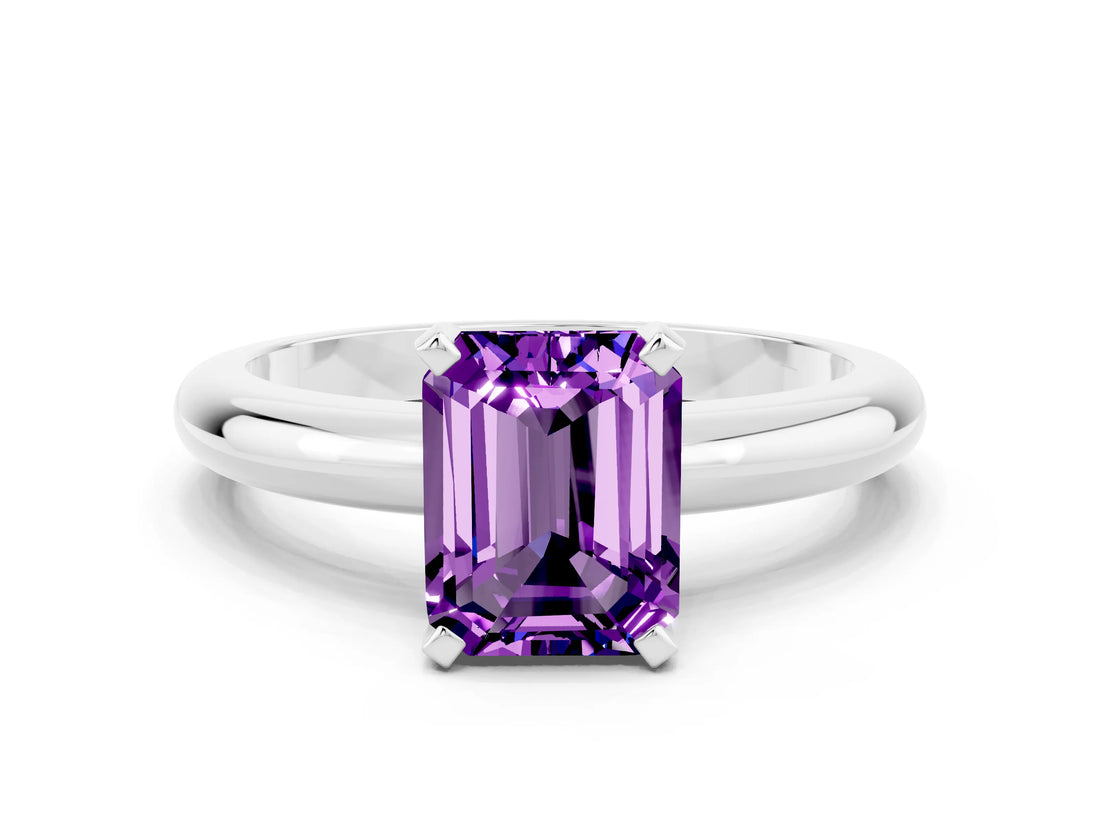 White gold Emerald Cut Amethyst Solitaire Engagement Ring with Round Band and Four-Prong Setting